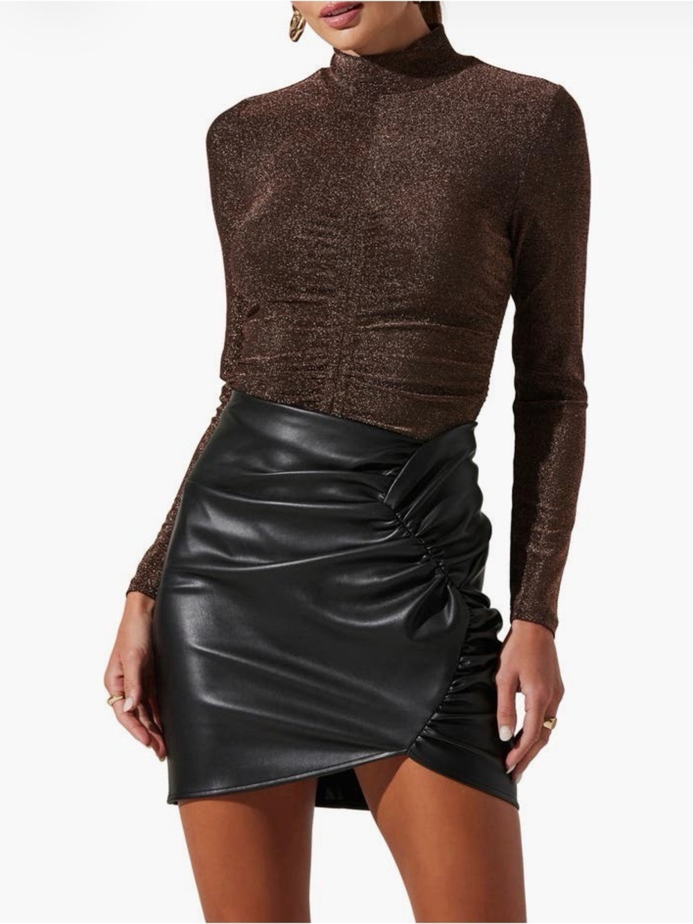 Metallic Ruched Mock Neck Top